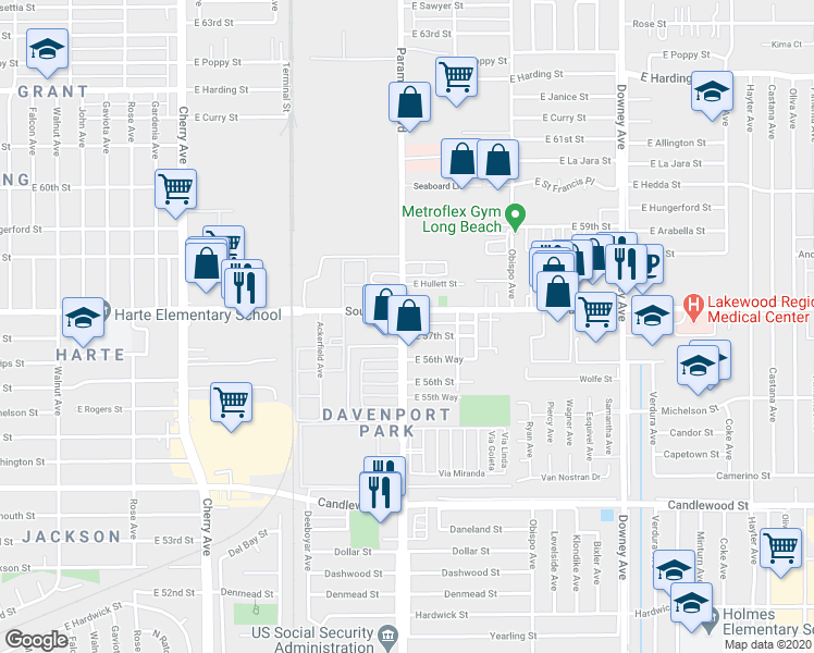 map of restaurants, bars, coffee shops, grocery stores, and more near 4 North Paramount Boulevard in Long Beach