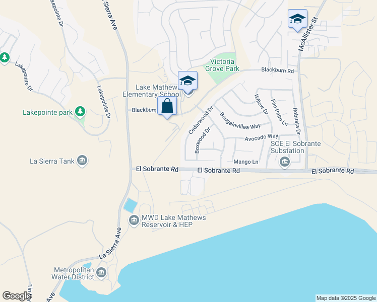 map of restaurants, bars, coffee shops, grocery stores, and more near 17926 Cedarwood Drive in Riverside
