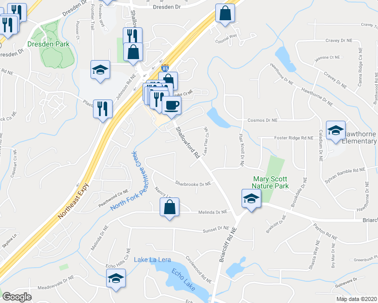 map of restaurants, bars, coffee shops, grocery stores, and more near 2478 Shallowford Road in Atlanta