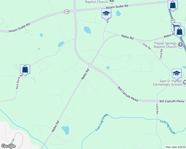 map of restaurants, bars, coffee shops, grocery stores, and more near 7012 Nebo Road in Hiram