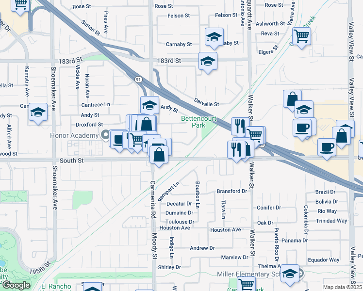map of restaurants, bars, coffee shops, grocery stores, and more near 13524 Edgefield Street in Cerritos