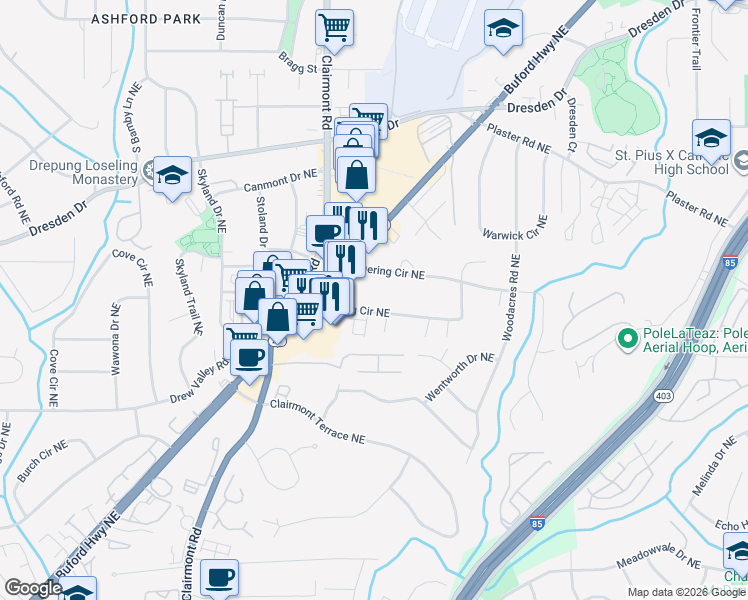 map of restaurants, bars, coffee shops, grocery stores, and more near 1982 Dering Circle Northeast in Atlanta
