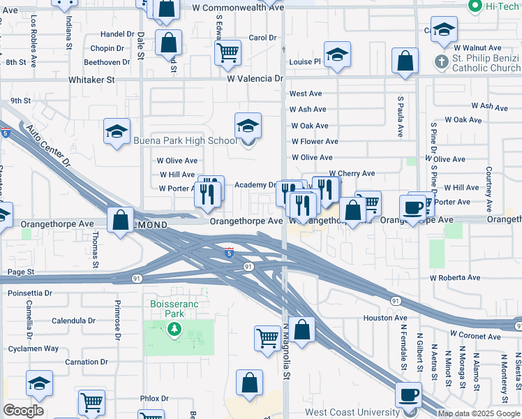 map of restaurants, bars, coffee shops, grocery stores, and more near 6989 Cottonwood Lane in Buena Park