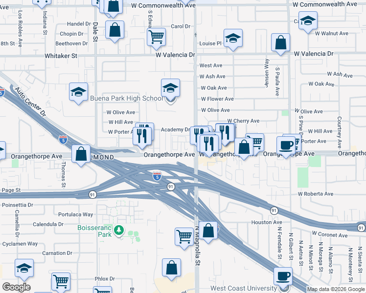 map of restaurants, bars, coffee shops, grocery stores, and more near 6982 Crimson Drive in Buena Park