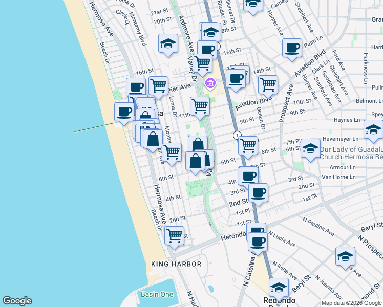 map of restaurants, bars, coffee shops, grocery stores, and more near 440 8th Street in Hermosa Beach