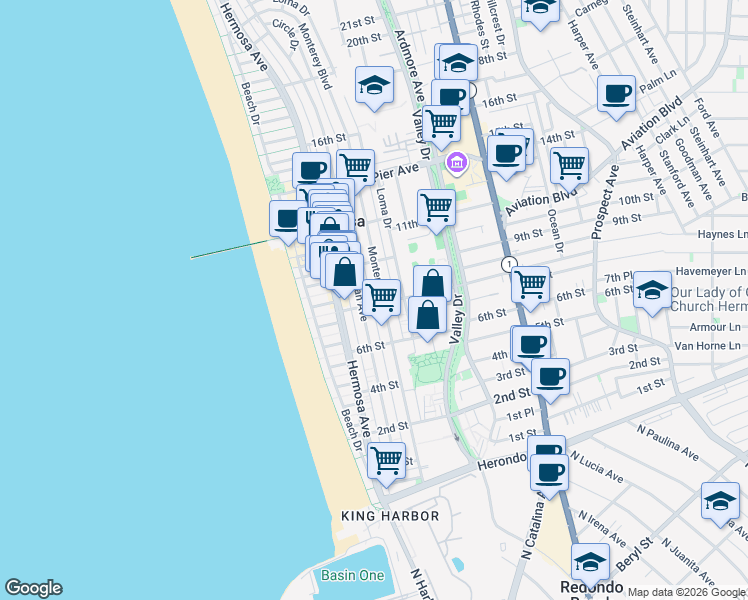 map of restaurants, bars, coffee shops, grocery stores, and more near in Hermosa Beach