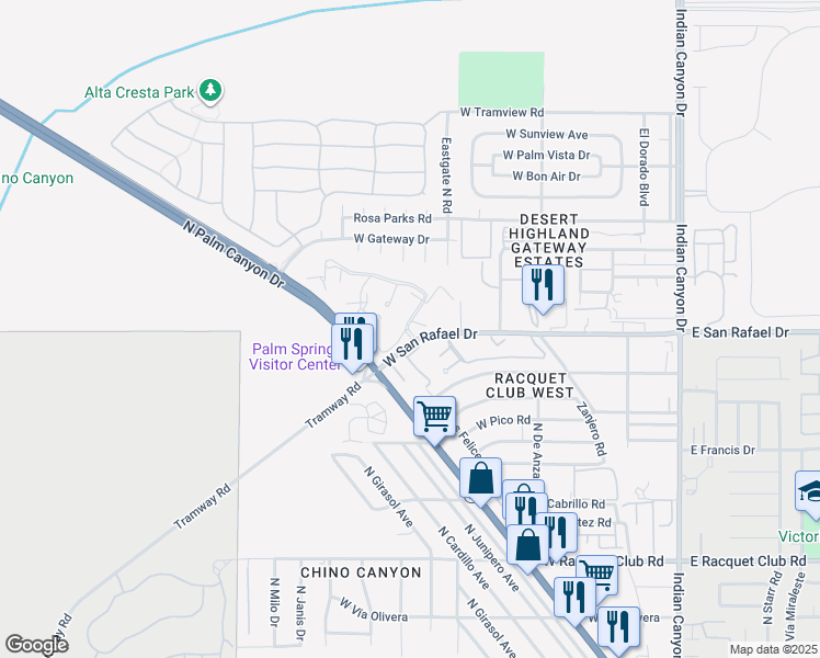 map of restaurants, bars, coffee shops, grocery stores, and more near 600 West San Rafael Drive in Palm Springs