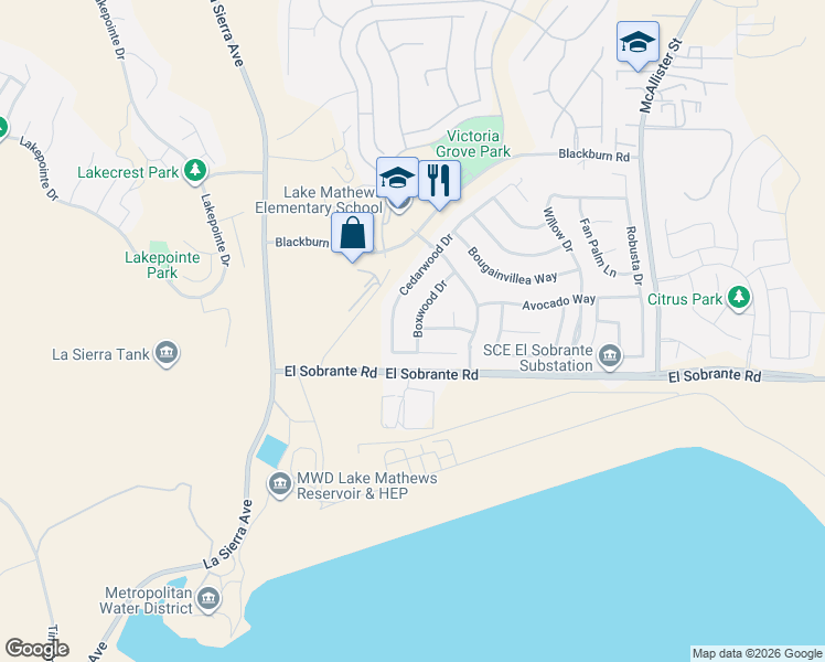 map of restaurants, bars, coffee shops, grocery stores, and more near 17938 Cedarwood Drive in Riverside