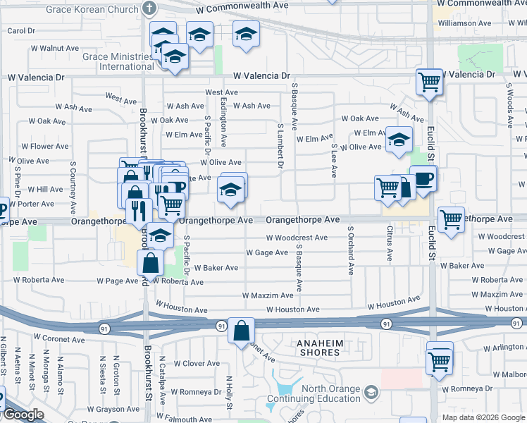 map of restaurants, bars, coffee shops, grocery stores, and more near 1461 West Orangethorpe Avenue in Fullerton