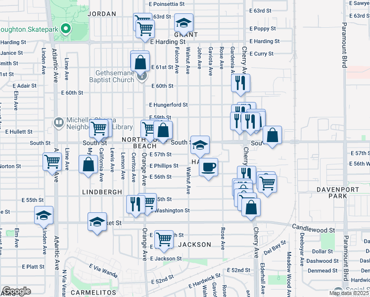 map of restaurants, bars, coffee shops, grocery stores, and more near 1435 East 57th Street in Long Beach
