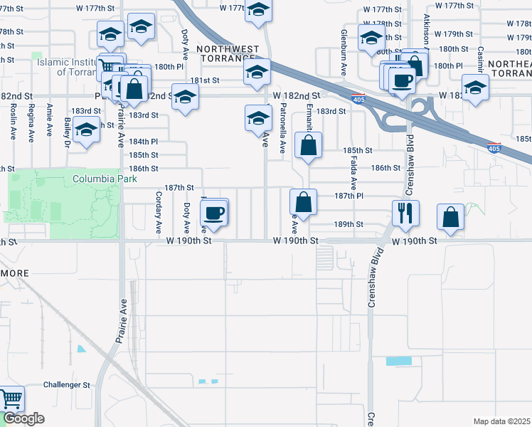 map of restaurants, bars, coffee shops, grocery stores, and more near 18828 Yukon Avenue in Torrance