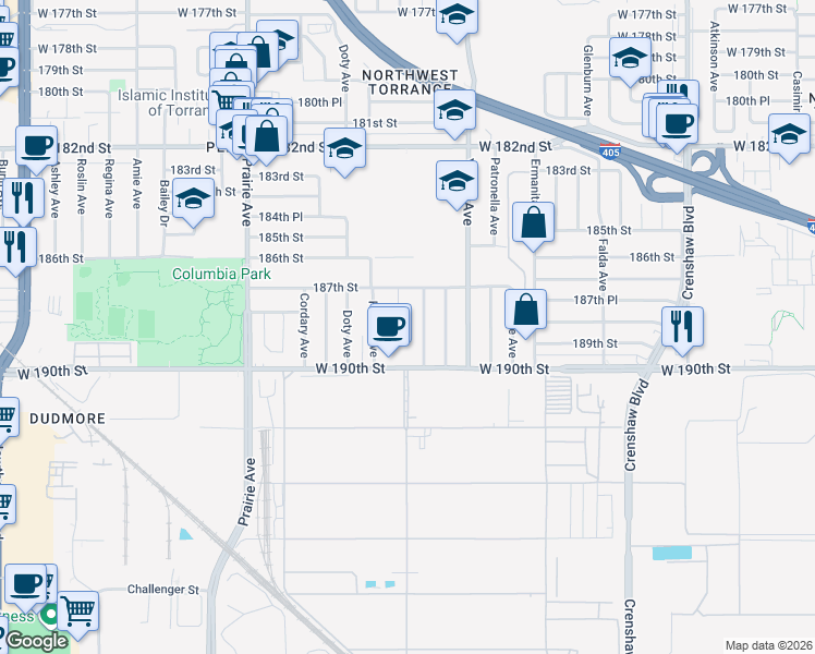 map of restaurants, bars, coffee shops, grocery stores, and more near 18815 Fonthill Avenue in Torrance