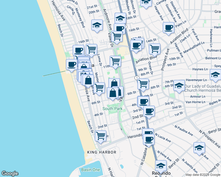 map of restaurants, bars, coffee shops, grocery stores, and more near 751 Loma Drive in Hermosa Beach