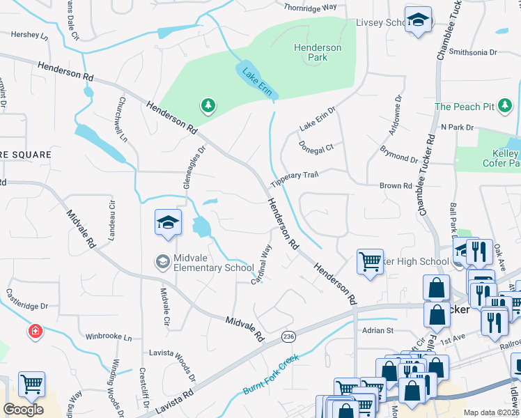 map of restaurants, bars, coffee shops, grocery stores, and more near 2999 Pine Orchard Drive in Tucker