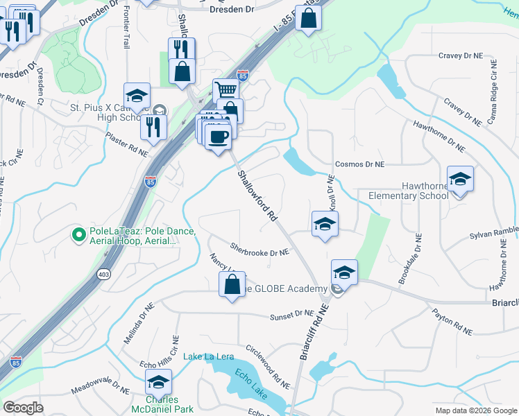 map of restaurants, bars, coffee shops, grocery stores, and more near 2478 Shallowford Road in Atlanta