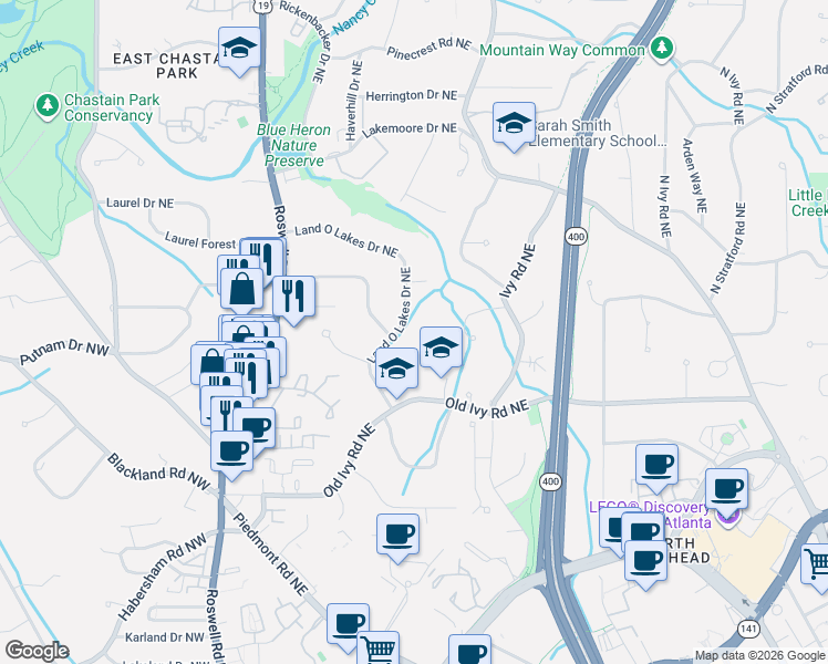 map of restaurants, bars, coffee shops, grocery stores, and more near 3873 Land O Lakes Drive Northeast in Atlanta