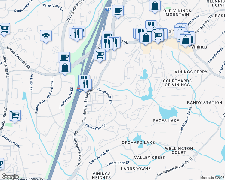 map of restaurants, bars, coffee shops, grocery stores, and more near 2618 Paces Place in Atlanta