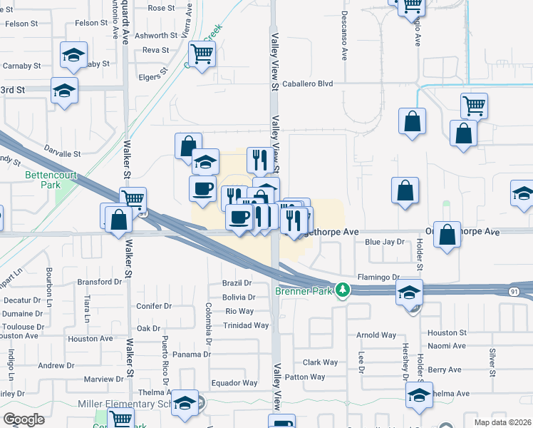 map of restaurants, bars, coffee shops, grocery stores, and more near 6 Centerpointe Drive in La Palma
