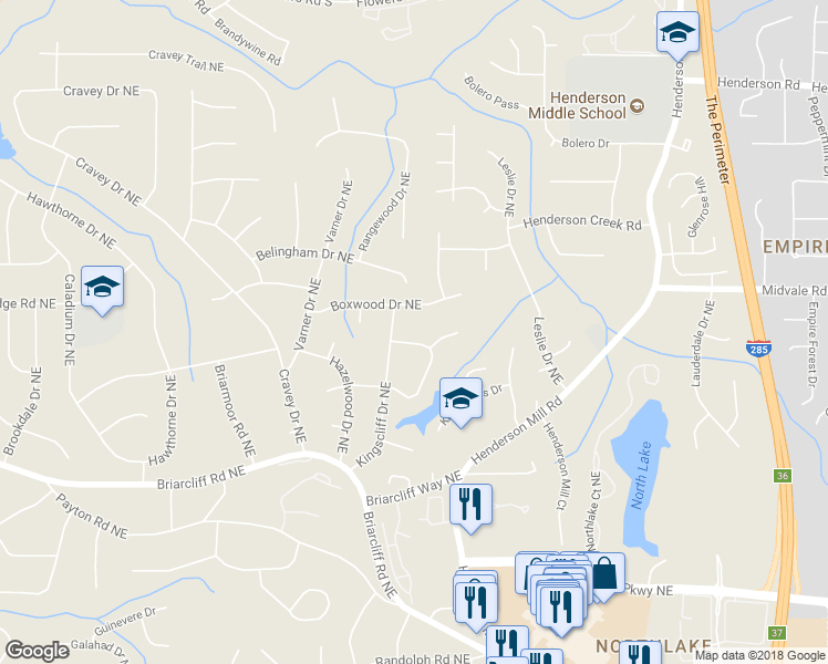 map of restaurants, bars, coffee shops, grocery stores, and more near 2519 King Arthur Circle Northeast in Atlanta
