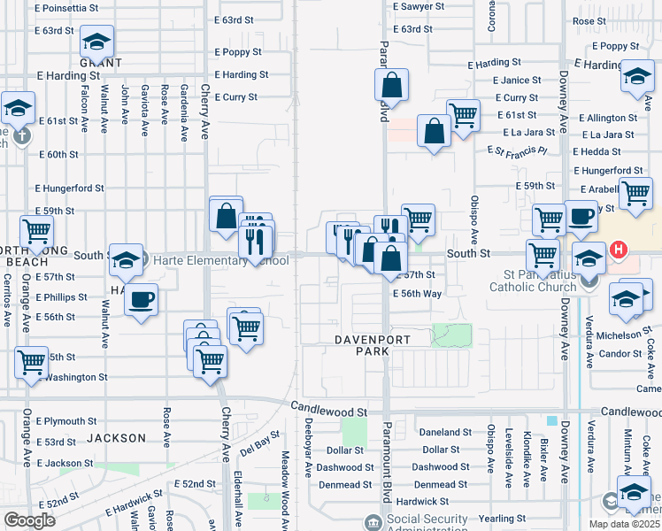 map of restaurants, bars, coffee shops, grocery stores, and more near 5700 Ackerfield Avenue in Long Beach