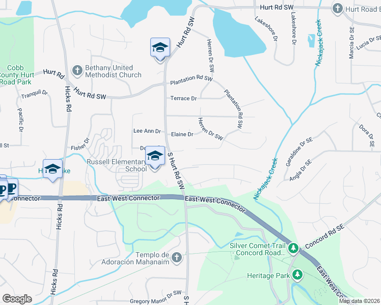 map of restaurants, bars, coffee shops, grocery stores, and more near 204 Plantation Road Southwest in Smyrna