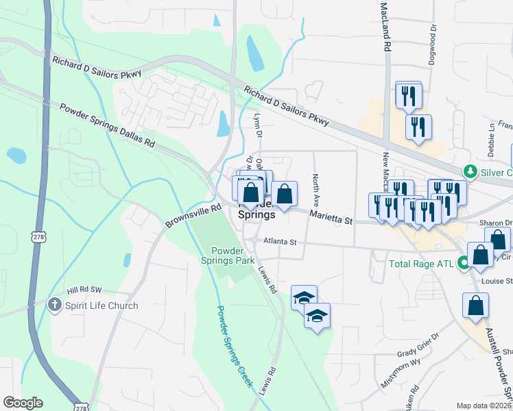 map of restaurants, bars, coffee shops, grocery stores, and more near 4448 Marietta Street in Powder Springs