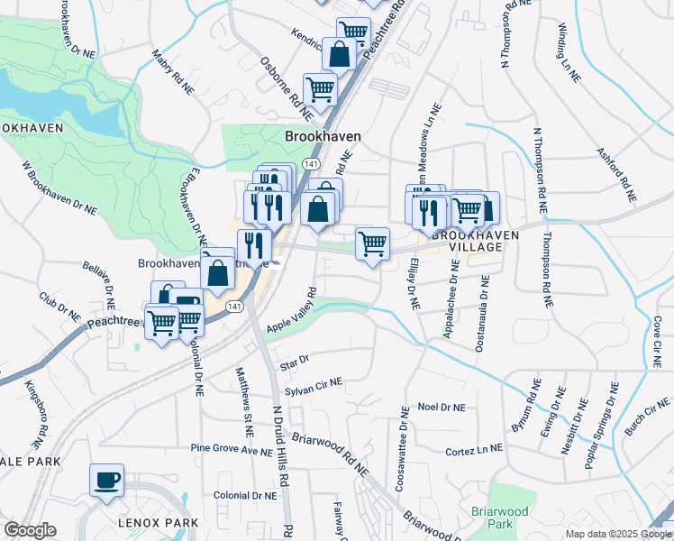 map of restaurants, bars, coffee shops, grocery stores, and more near 1295 Dresden Drive Northeast in Atlanta