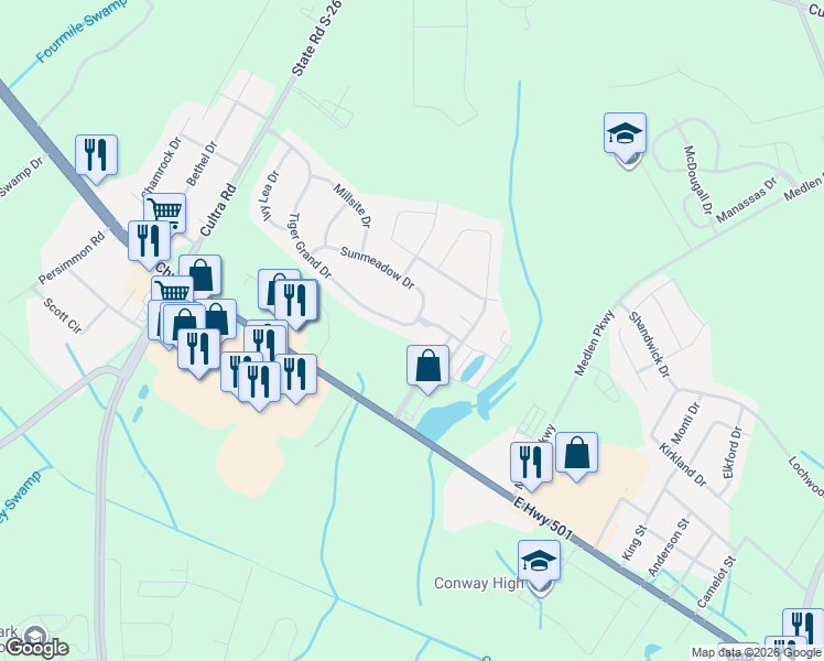 map of restaurants, bars, coffee shops, grocery stores, and more near 1476 Tiger Grand Drive in Conway