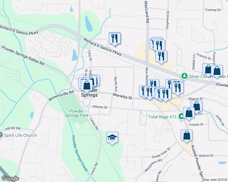 map of restaurants, bars, coffee shops, grocery stores, and more near 4330 North Avenue in Powder Springs