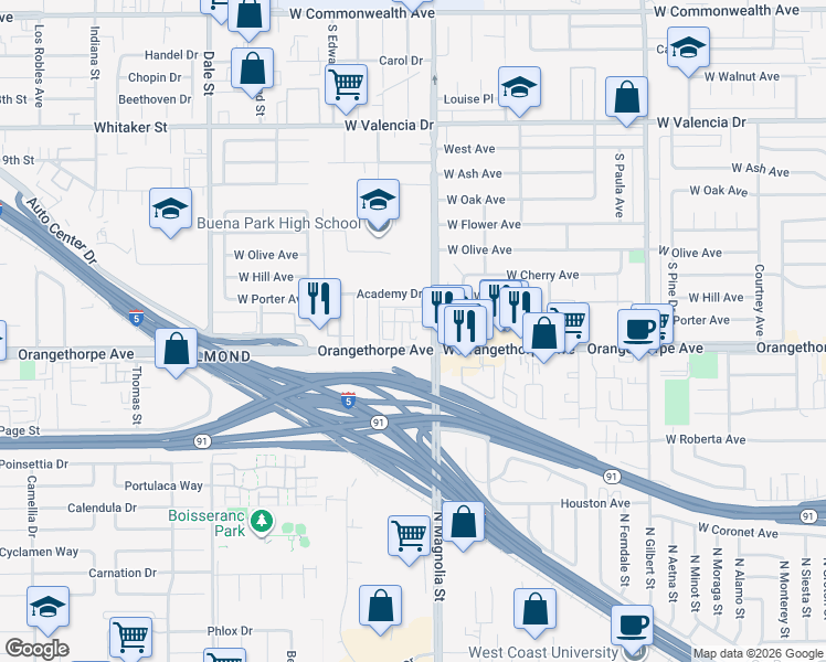 map of restaurants, bars, coffee shops, grocery stores, and more near 6989 Crimson Drive in Buena Park