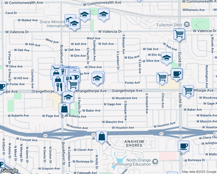 map of restaurants, bars, coffee shops, grocery stores, and more near 1461 West Orangethorpe Avenue in Fullerton