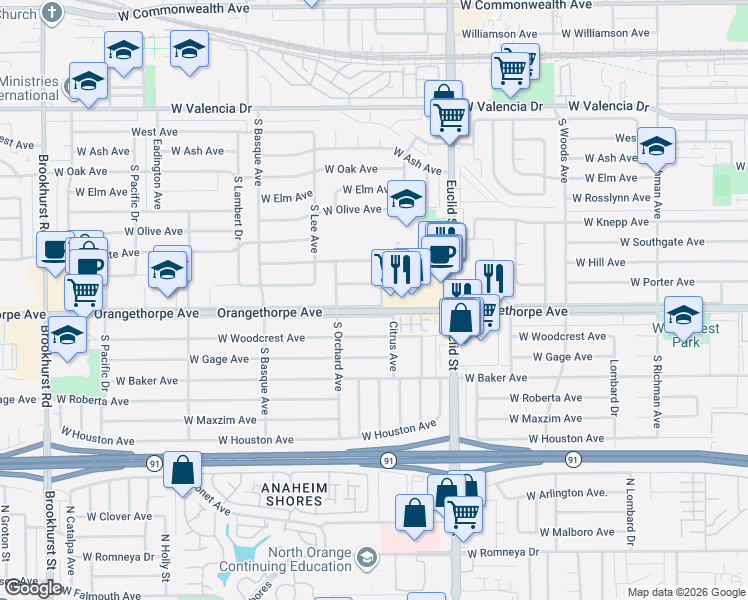 map of restaurants, bars, coffee shops, grocery stores, and more near 1131 West Orangethorpe Avenue in Fullerton
