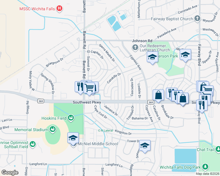 map of restaurants, bars, coffee shops, grocery stores, and more near 5208 Allegheny Drive in Wichita Falls