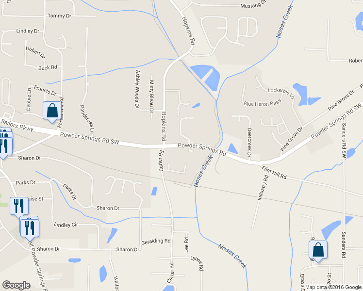 map of restaurants, bars, coffee shops, grocery stores, and more near Powder Springs Road in Powder Springs