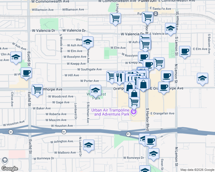 map of restaurants, bars, coffee shops, grocery stores, and more near 333 West Orangethorpe Avenue in Fullerton