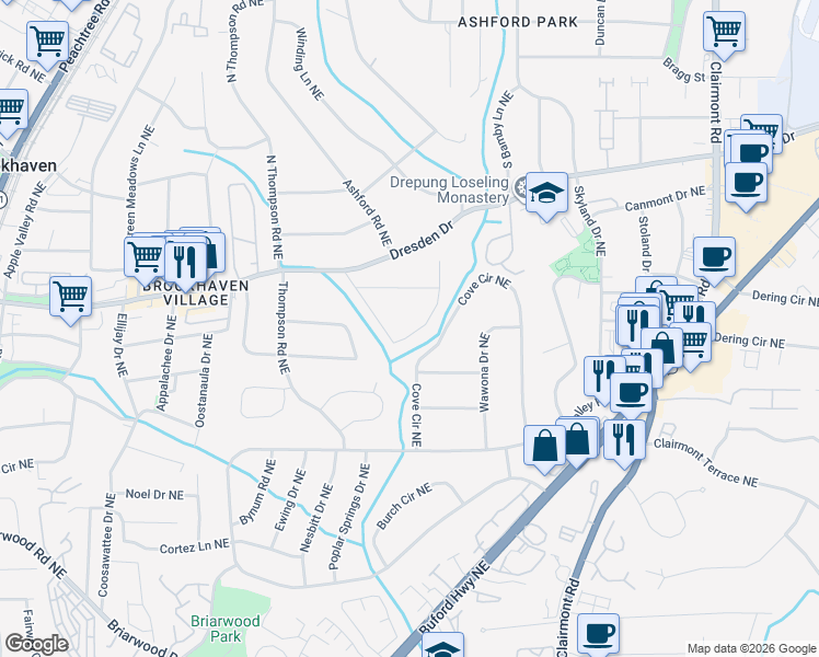 map of restaurants, bars, coffee shops, grocery stores, and more near 1704 Wayland Circle Northeast in Atlanta