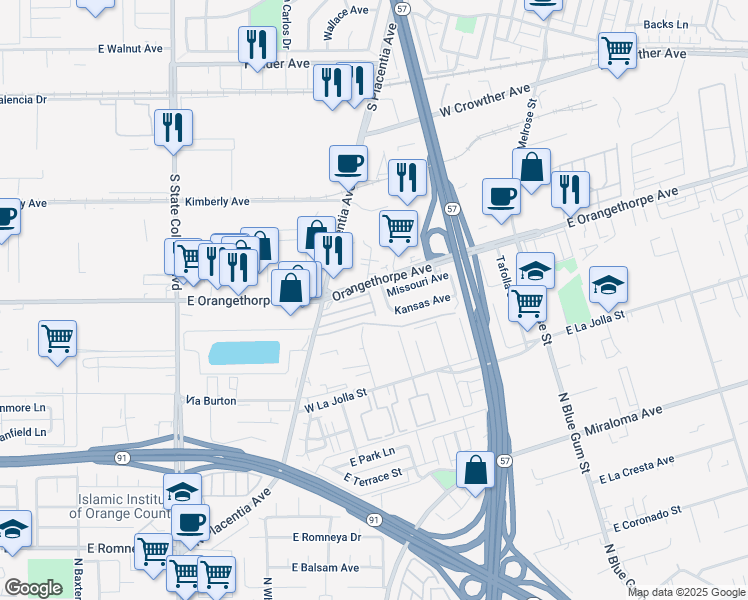 map of restaurants, bars, coffee shops, grocery stores, and more near 820 Cardinal Street in Placentia