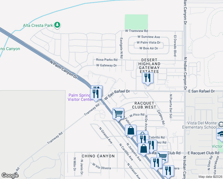 map of restaurants, bars, coffee shops, grocery stores, and more near 600 West San Rafael Drive in Palm Springs