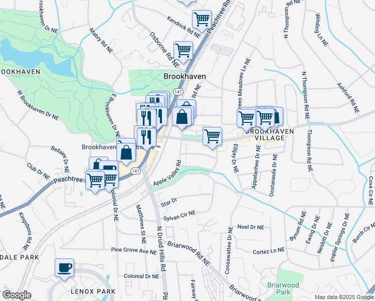 map of restaurants, bars, coffee shops, grocery stores, and more near 1271 Appleden Trace in Brookhaven
