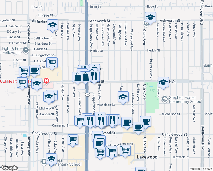 map of restaurants, bars, coffee shops, grocery stores, and more near 5738 Blackthorne Avenue in Lakewood
