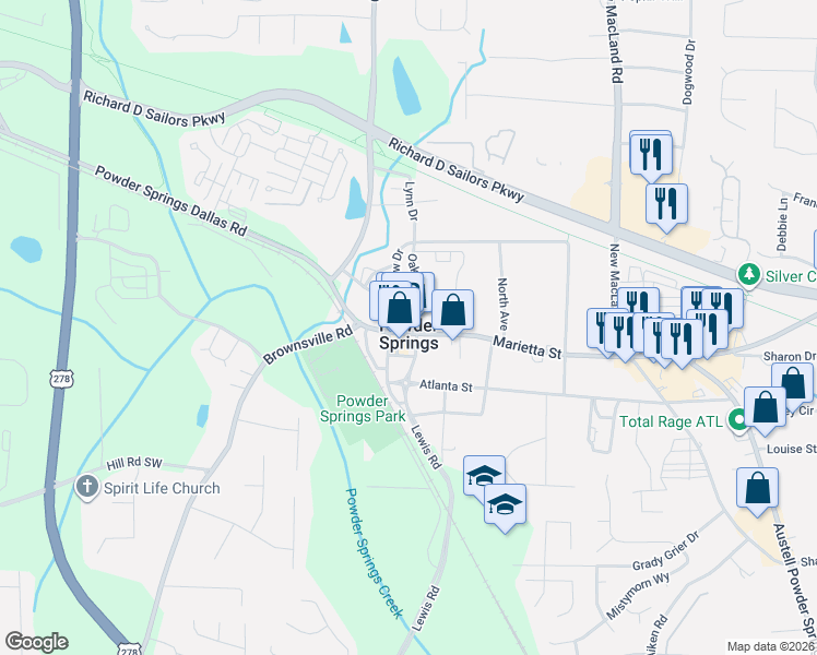 map of restaurants, bars, coffee shops, grocery stores, and more near 4448 Marietta Street in Powder Springs