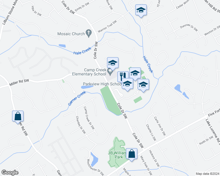 map of restaurants, bars, coffee shops, grocery stores, and more near 858 Cole Drive Southwest in Lilburn
