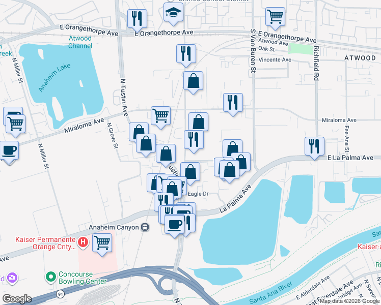map of restaurants, bars, coffee shops, grocery stores, and more near 1200 North Jefferson Street in Anaheim