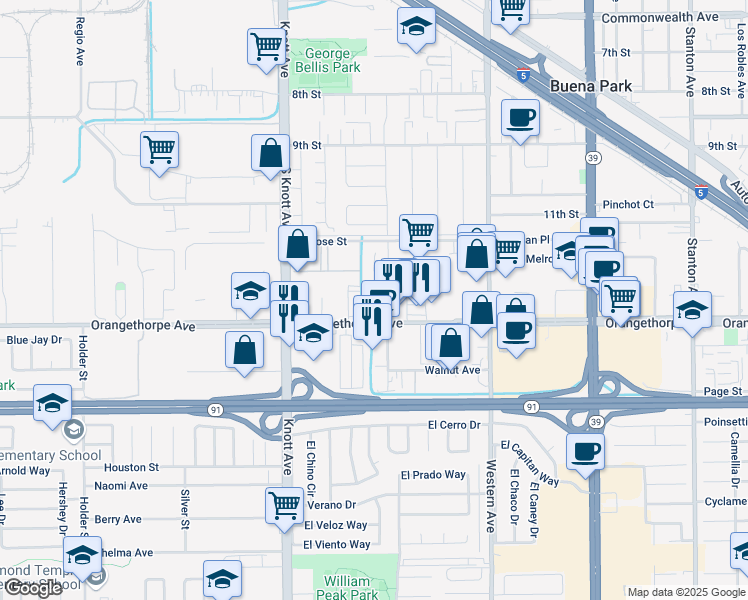 map of restaurants, bars, coffee shops, grocery stores, and more near 7175 Orangethorpe Avenue in Buena Park