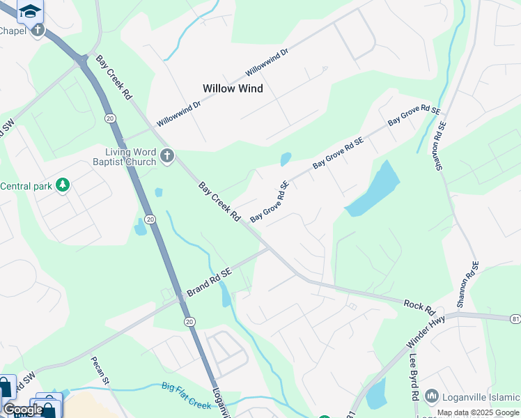 map of restaurants, bars, coffee shops, grocery stores, and more near 330 Bay Grove Road Southeast in Loganville