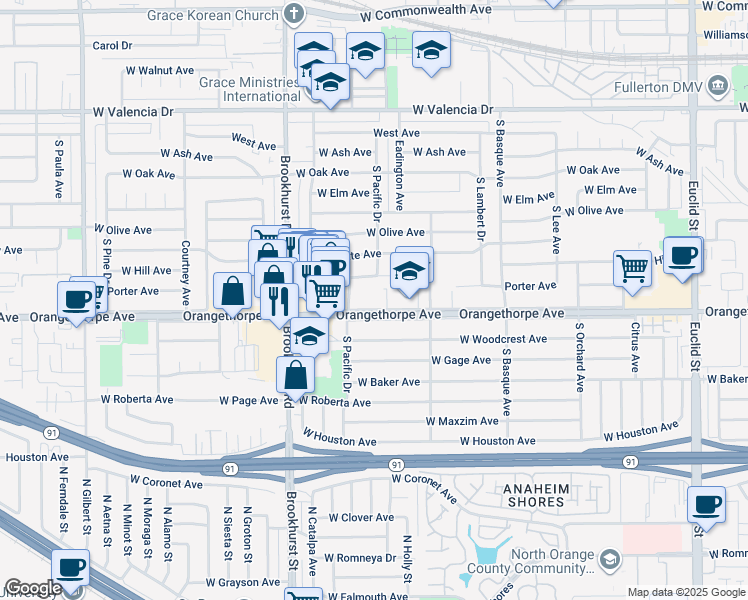 map of restaurants, bars, coffee shops, grocery stores, and more near 1601 West Orangethorpe Avenue in Fullerton