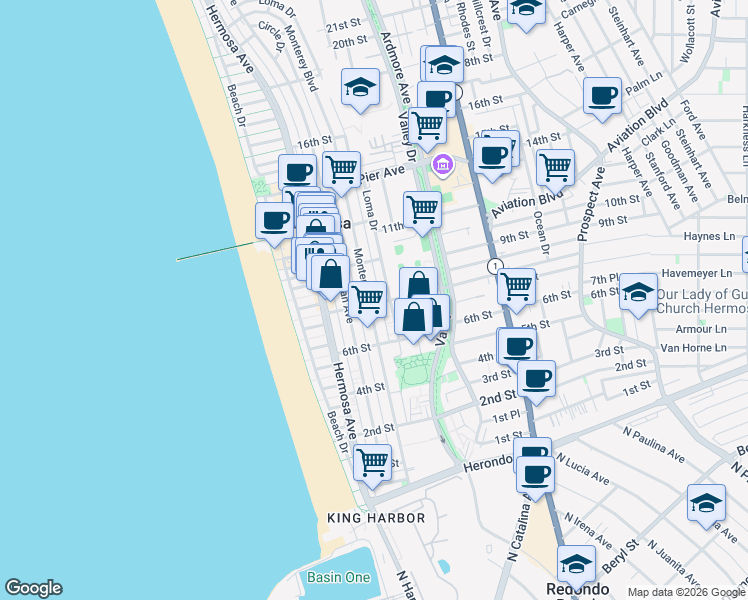 map of restaurants, bars, coffee shops, grocery stores, and more near 802 Monterey Boulevard in Hermosa Beach