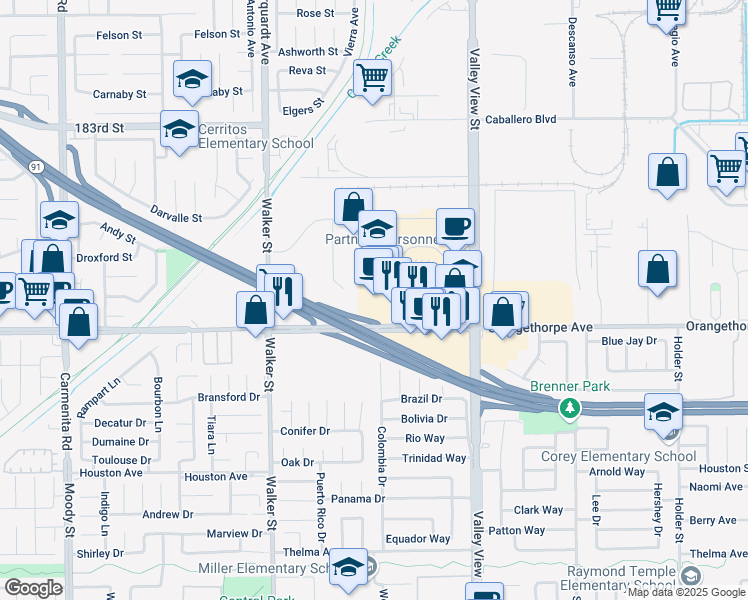 map of restaurants, bars, coffee shops, grocery stores, and more near 30 Centerpointe Drive in La Palma