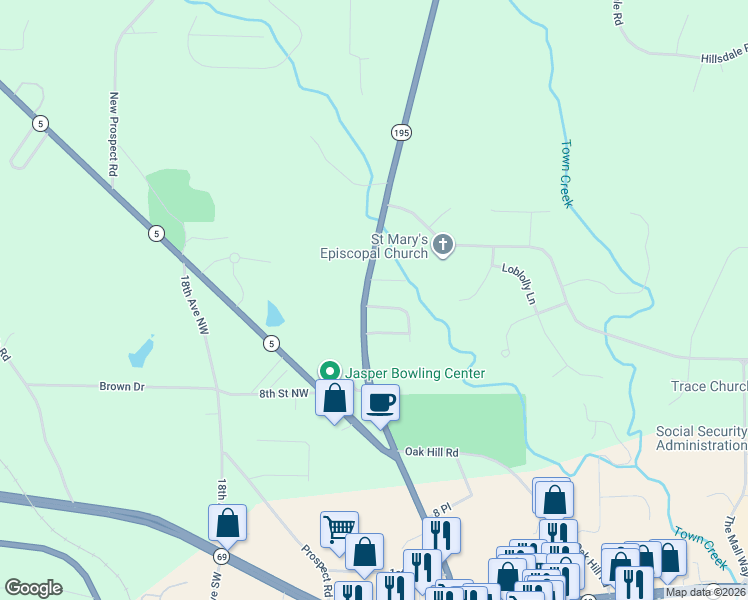 map of restaurants, bars, coffee shops, grocery stores, and more near 1100 11th Street Northwest in Jasper