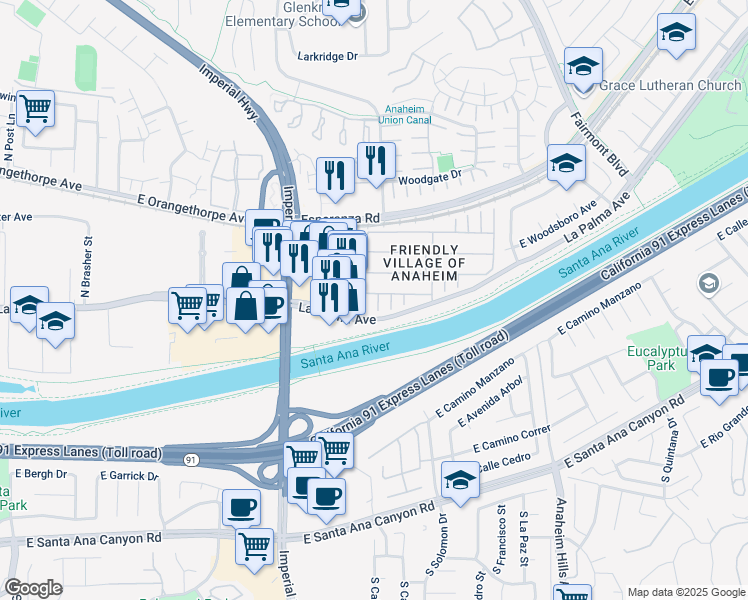 map of restaurants, bars, coffee shops, grocery stores, and more near 5815 La Palma Avenue in Anaheim
